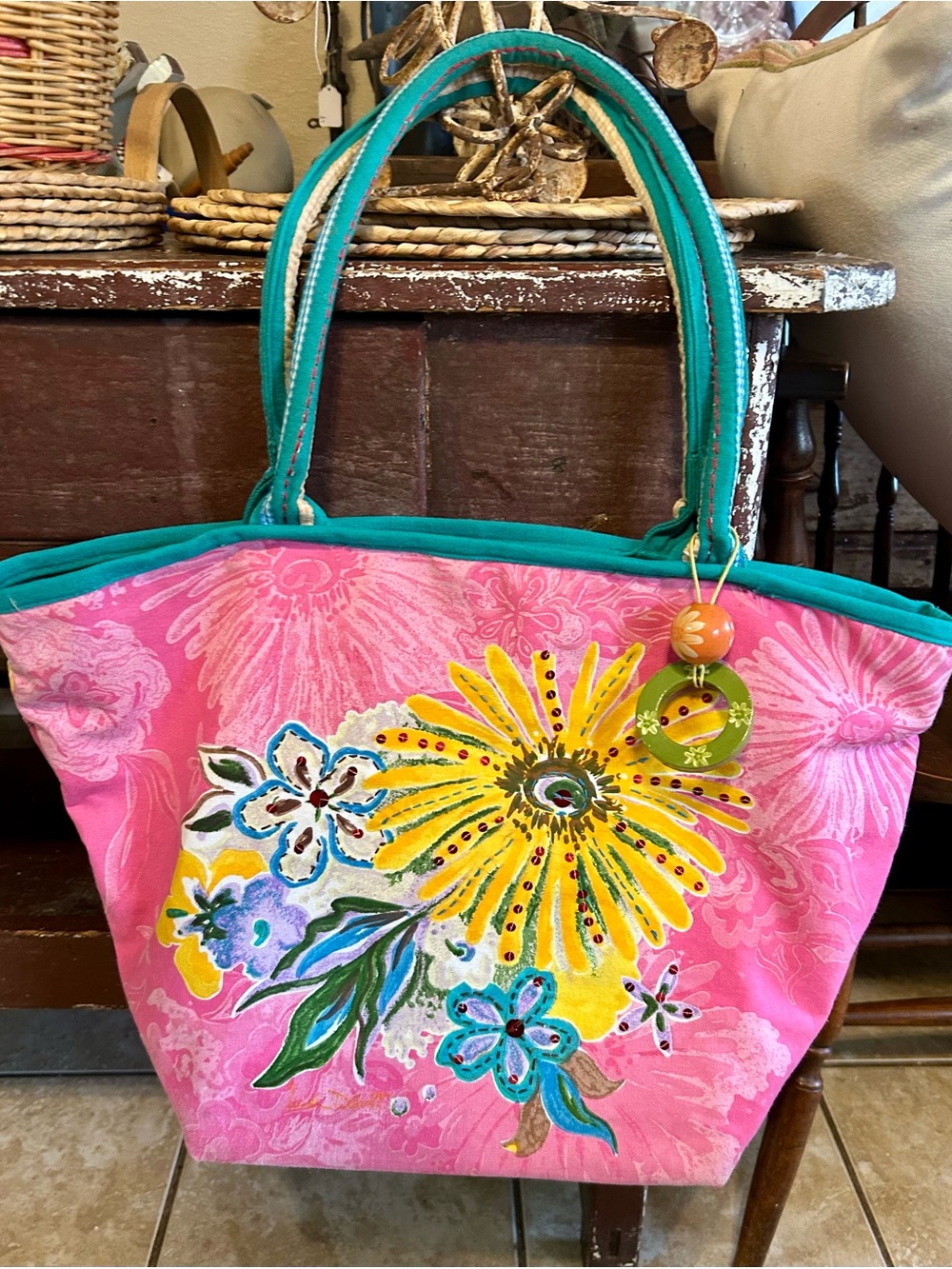 Vintage Y2K Heidi Dobrott Tote D'Arte Canvas Beach Bag Floral Sequin Boho Pink